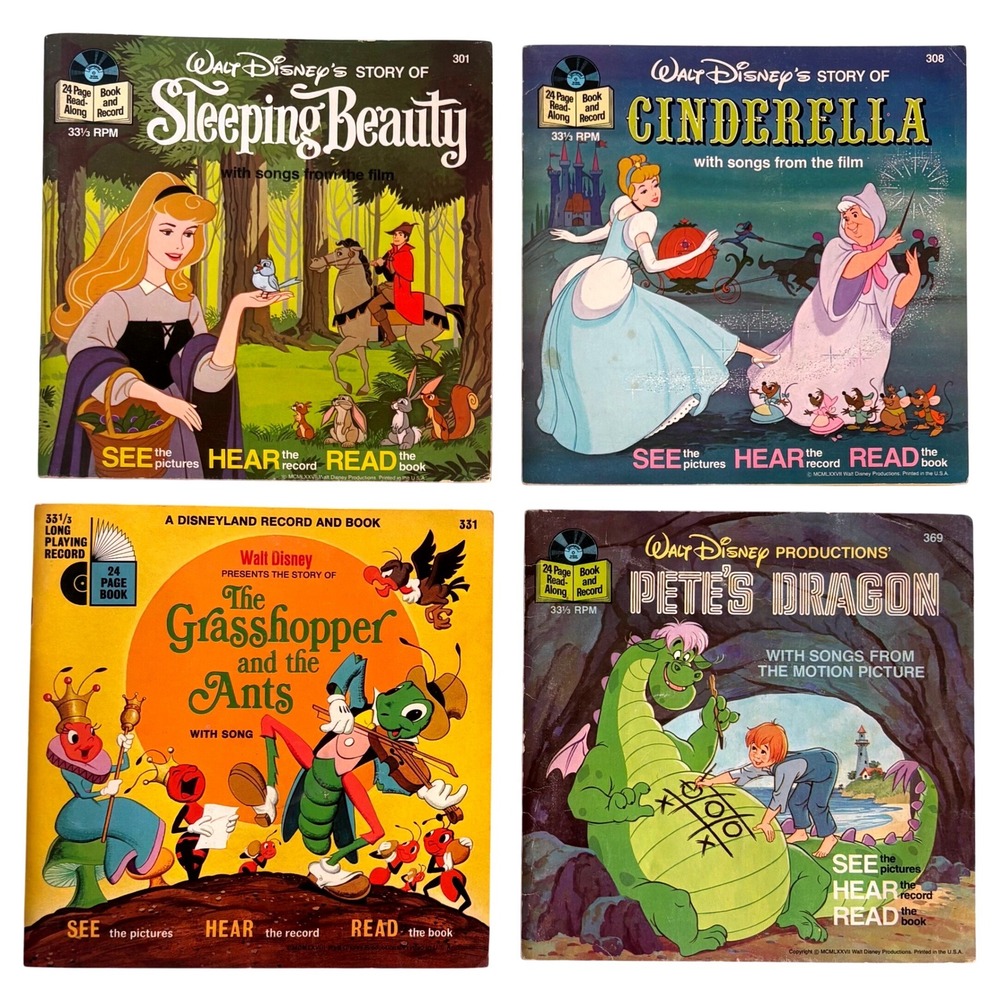 Vintage Disney Read-Along Book & Record Lot Sleeping Beauty Cinderella 7in Vinyl